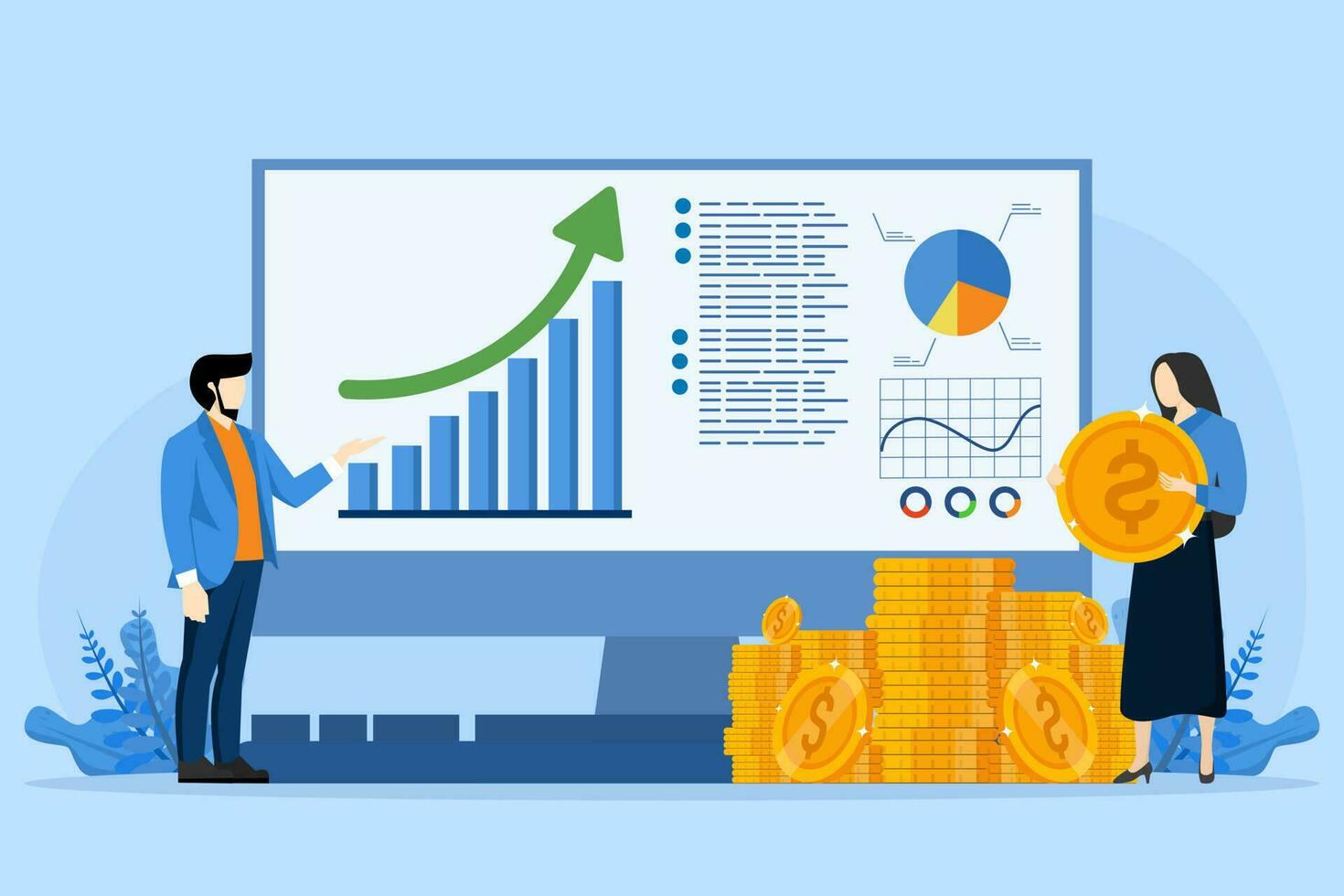 Flat vector business finance investment concept with investor team working on chart monitor, analyze and research, company profit, chart display dashboard.
