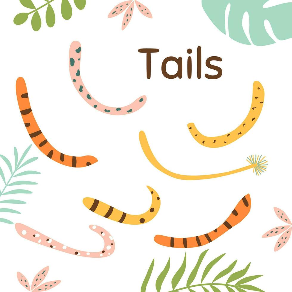 Wild cat tails set stickers. Wild animals tail isolated graphic. Hand drawn cartoon colored cat tail vector illustration. Collection of various cute cartoon wild animal tails. Fur pet body element.