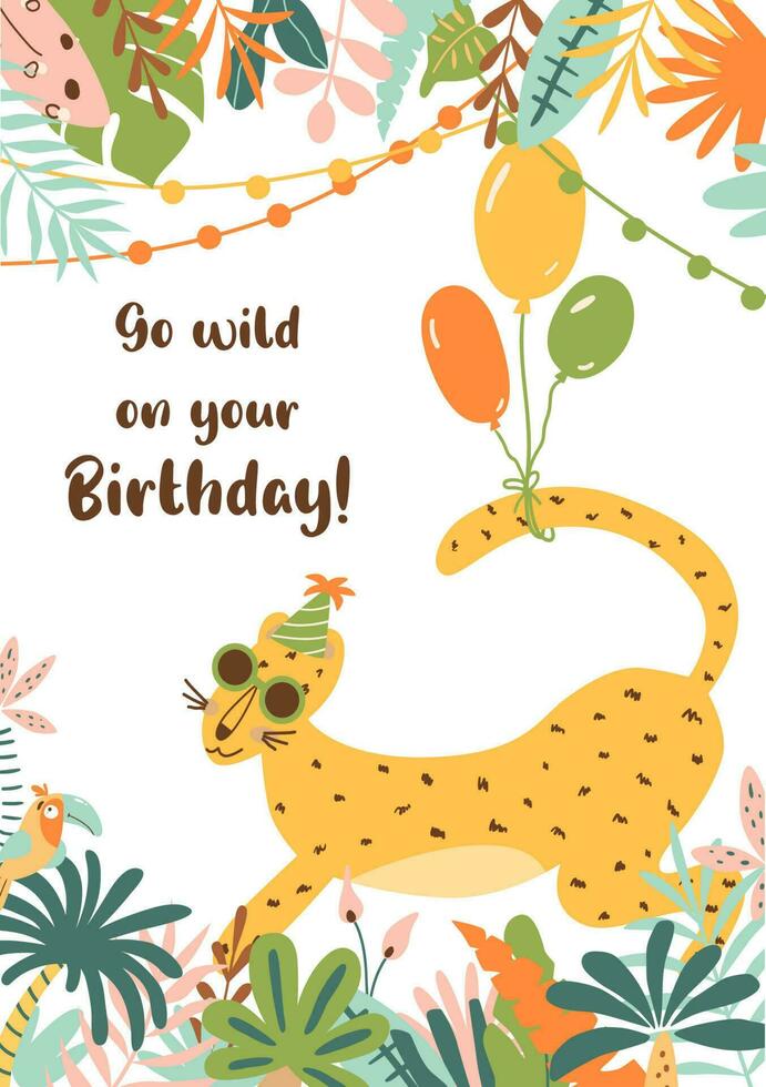 Jungle birthday card leopard. Leopard birthday. Bright wild birthday template banner. Jungle party invitation. Wild party vector illustration. Green tropical palm leaves frame border. Safari design.