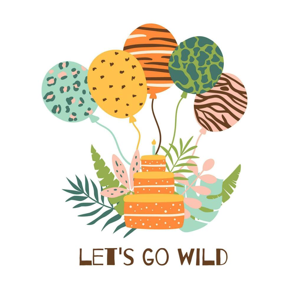 Jungle cake with jungle wild balloons. Tropical birthday cake with candle, wild tropical leaves. Hand drawn jungle party graphic element. Safari vector illustration decorative card. Jungle birthday.