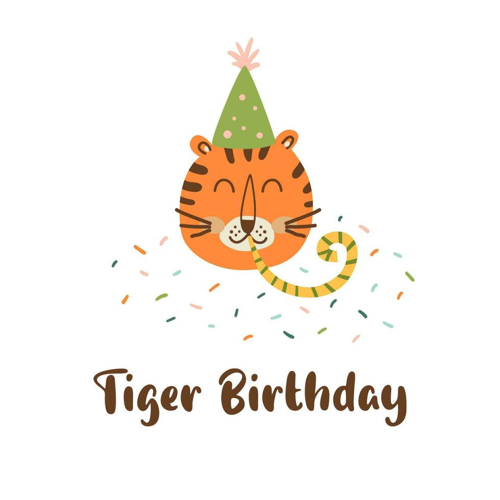Tiger birthday logo. Jungle birthday party graphic element. Cute wild cat in festive hat with party whistle. Hand drawn tiger face isolated on white. Kids vector illustration. Decorative wild animal.