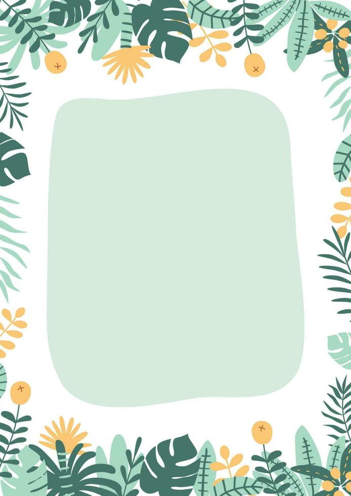 Jungle party template. Green tropical palm leaves frame border. Wild party design. Safari banner. Hawaii birthday party invite. Bright summer vector illustration. Green birthday card. Rainforest card.