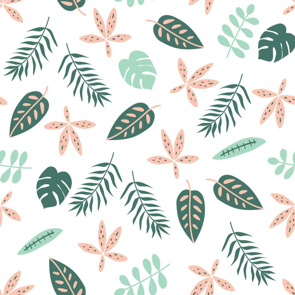 Jungle leaves pattern. Botany tropical leaves seamless pattern. Green and pink jungle plants wallpaper. Nature summer background. Jungle vector illustration. Hand drawn texture. Botany print.