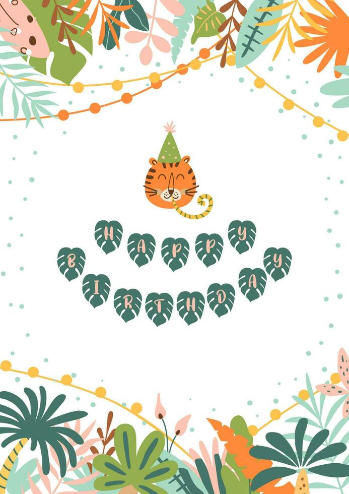 Jungle party invitation. Tropical birthday party invite. Jungle palm leaves frame. Wild party template with funny tiger head. Wild decorative card. Tropic bright vector illustration.