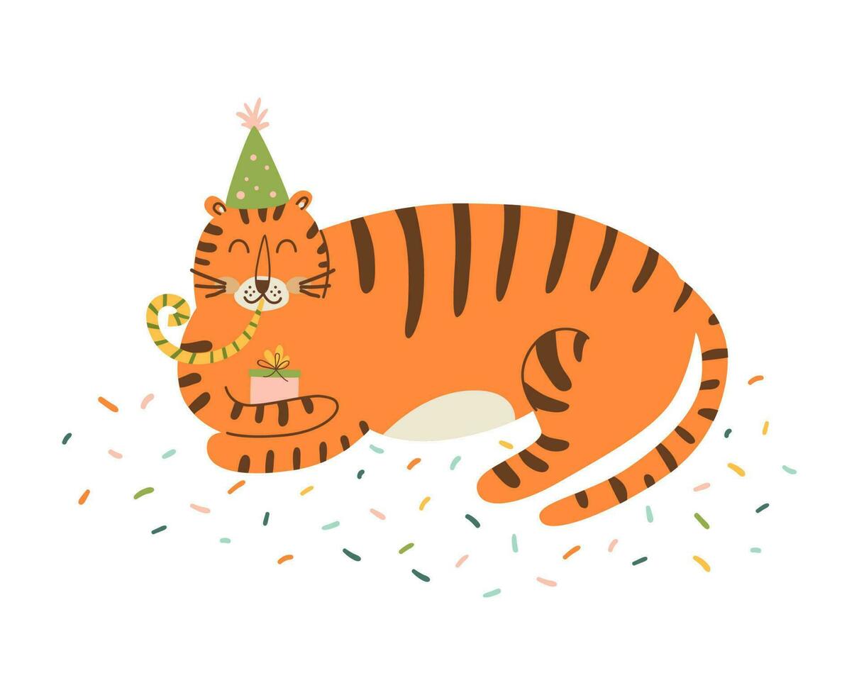 Tigre cumpleaños animal. selva cumpleaños fiesta gráfico elemento. linda salvaje gato en festivo sombrero con fiesta silbar. mano dibujado Tigre aislado en blanco. niños vector ilustración. linda salvaje animal.