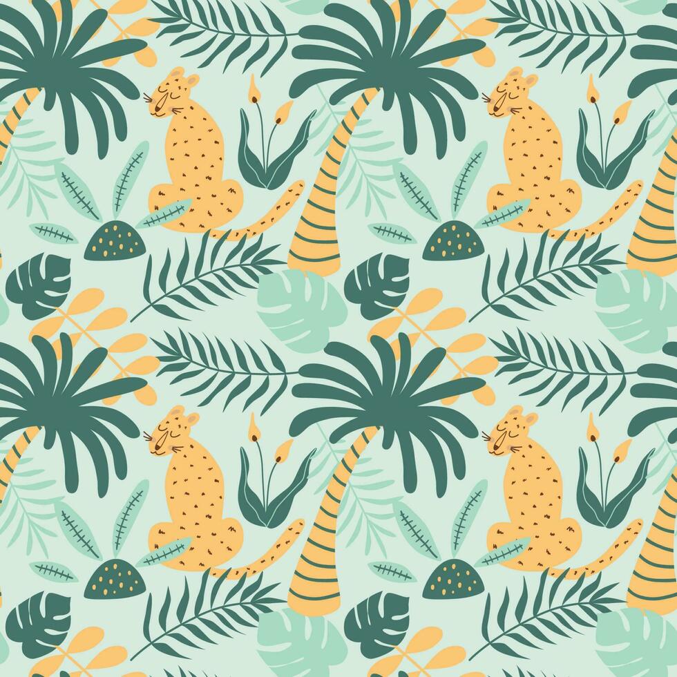 Leopard jungle pattern. Summer tropical palm leaves, wild animal background. Large leaves. Safari animal print. Cute leopard. Wildlife vector illustration. Green rainforest wallpaper.