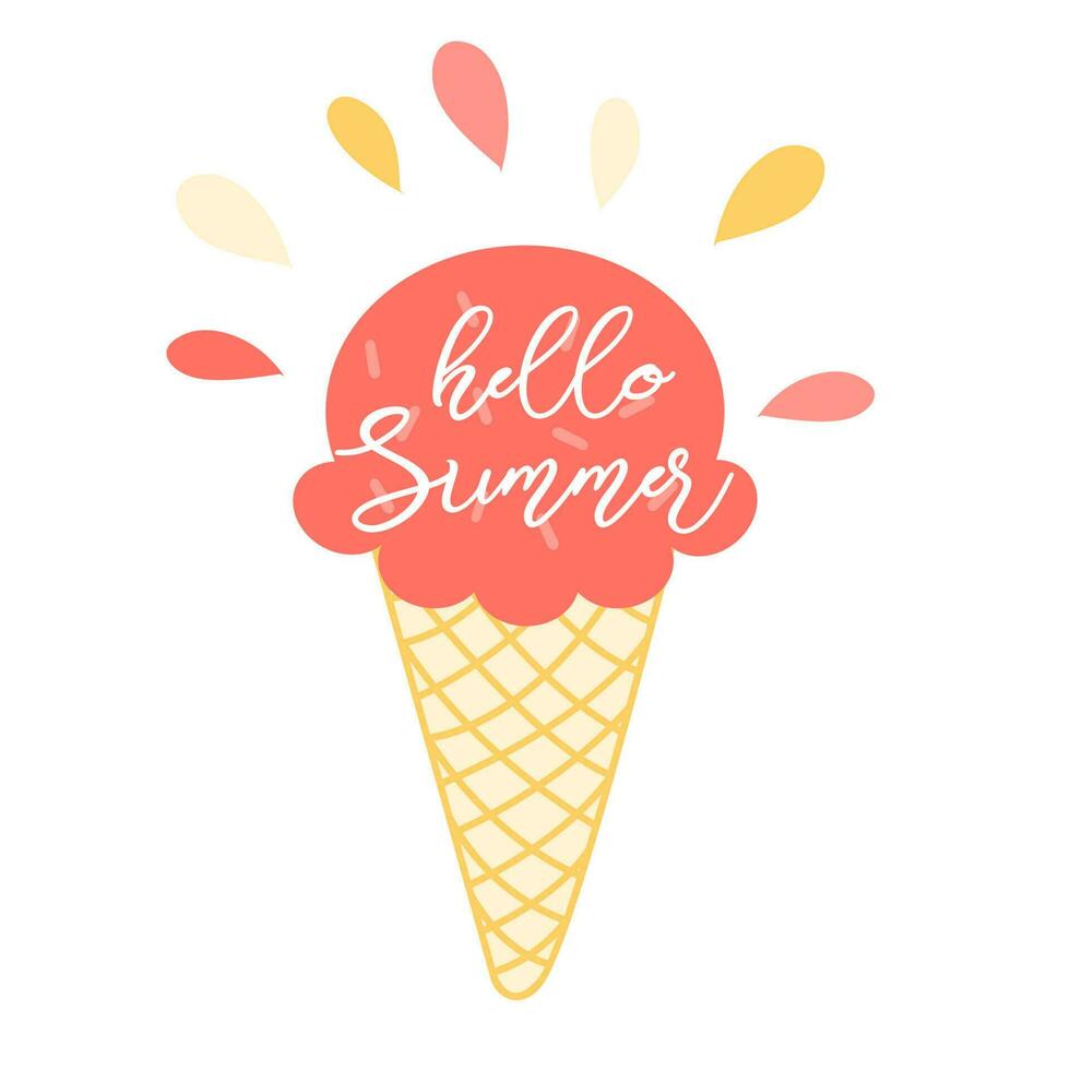 Hello summer concept lettering set of greeting card backgrounds with happy ice cream. Cute popsicle beach party invitation or typography poster print sign logo summer symbol Vector illustration