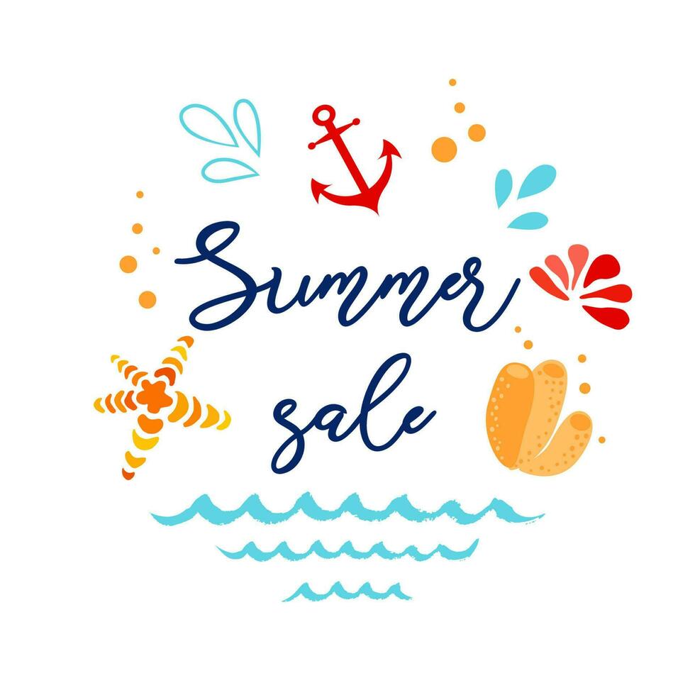 Vector Summer sales hand drawn template made on blue ocean colors with text Summer sale, hand painted seashell, sea star, anchor. Sea design for posters, banners, prints, logo, labels, print, icon