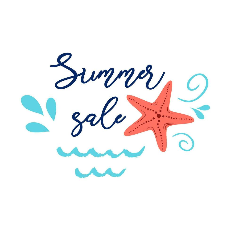 Vector Summer sales hand drawn template made on blue ocean colors with text Summer sale, hand painted sea star, waves Sea design for posters, banners, prints, logo, labels, print, icon Discount off