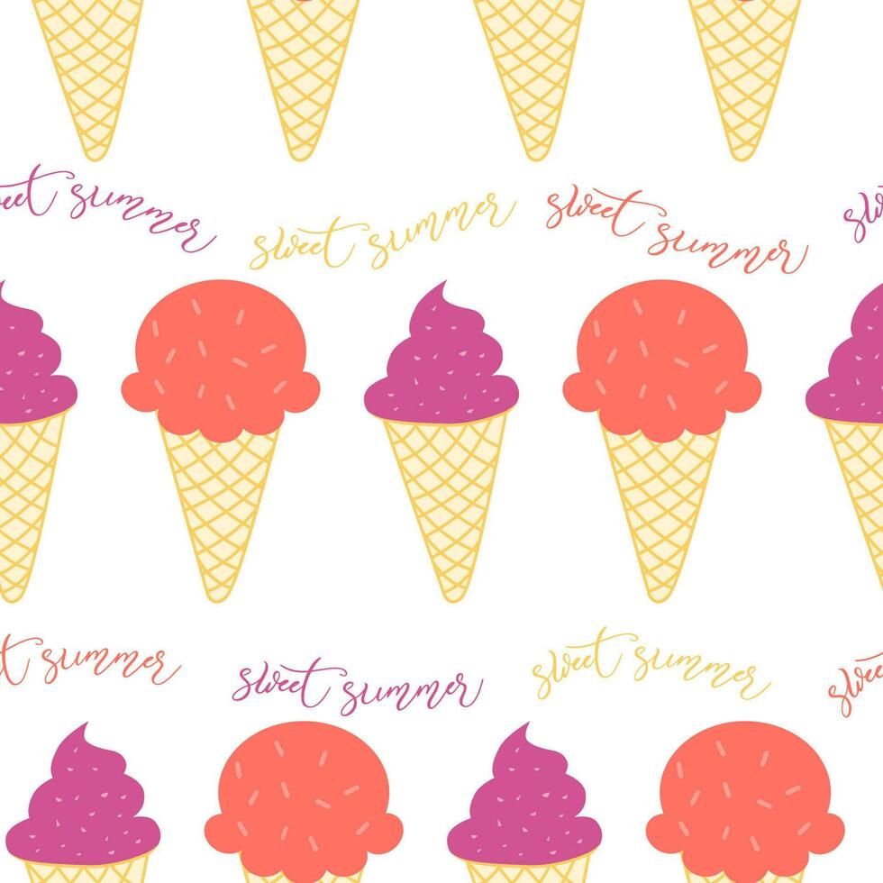 Summer seamless pattern with ice cream text sweet summer on white Wrapping paper fabric wallpaper cover wrap textile printable wrap fabric web background sweet food dessert design. Vector illustration