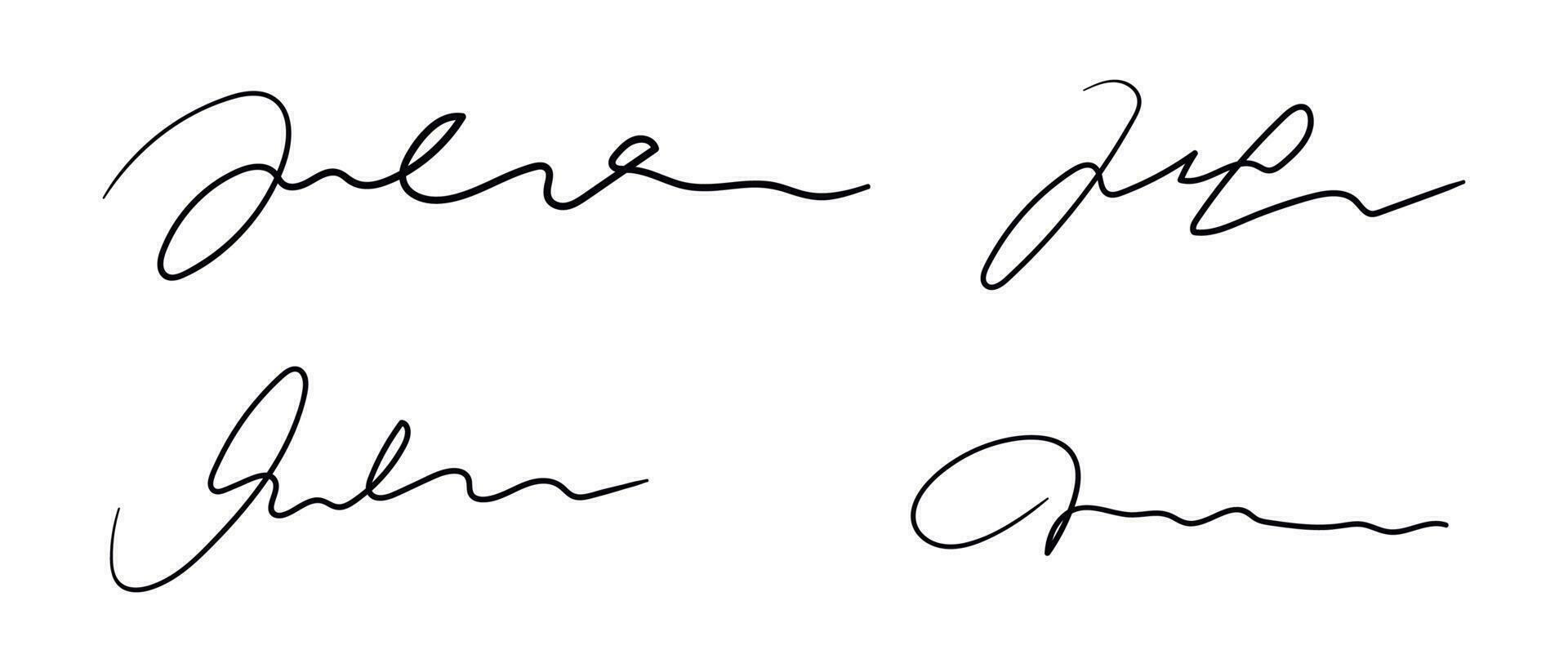 Fake hand drawn autographs set. Handwritten signature scribble for business certificate or letter. Vector isolated illustration