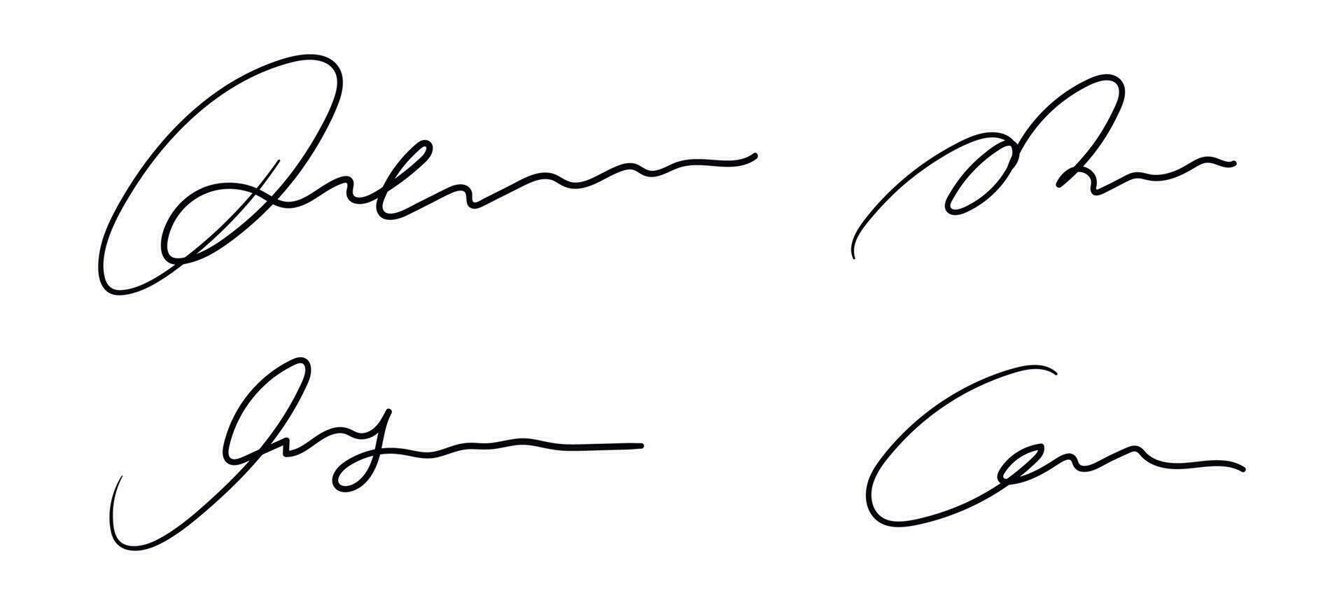 Fake hand drawn autographs set. Handwritten signature scribble for business certificate or letter. Vector isolated illustration