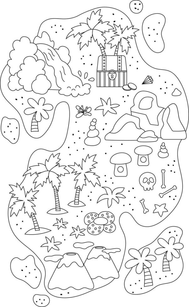 Vector black and white tropical island icon. Cute sea isle with sand, palm trees, volcano, rocks, waterfall illustration. Outline treasure island picture with chest, coins, skull. Pirate coloring page