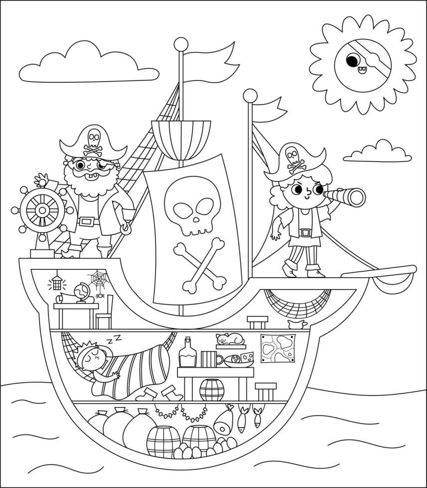 Vector black and white pirate ship scene. Raider vessel interior with pirates, cargo hold, cabin, captain. Line treasure hunt illustration with boat inside, sleeping sailor. Sea coloring page