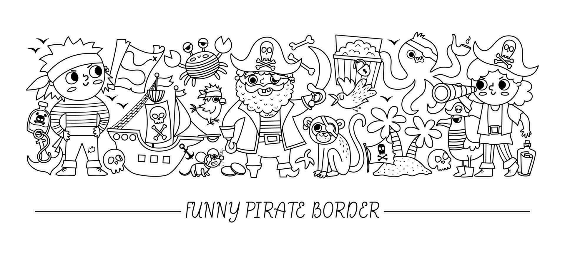 Vector black and white horizontal border set with cute pirates and animals. Line sea adventures card template design. Cute treasure island border or coloring page with crab, captain, sailors