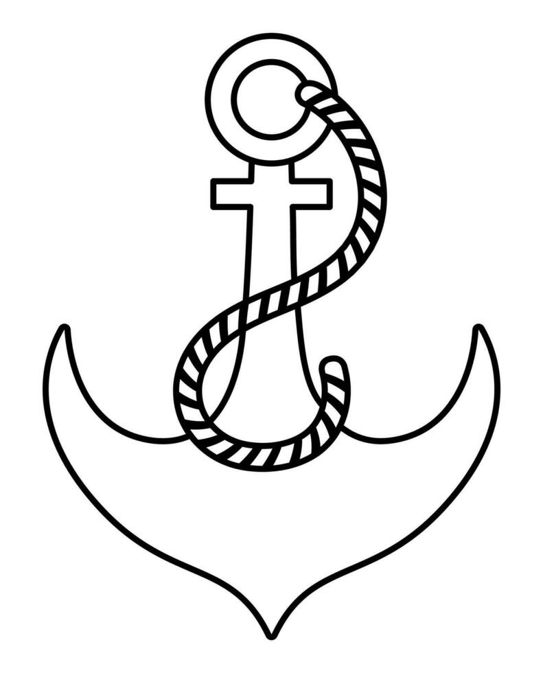 Ship black and white anchor icon. Line water boat element illustration. Outline pirate vessel picture or coloring page isolated on white background. Marine concept with hard rope vector