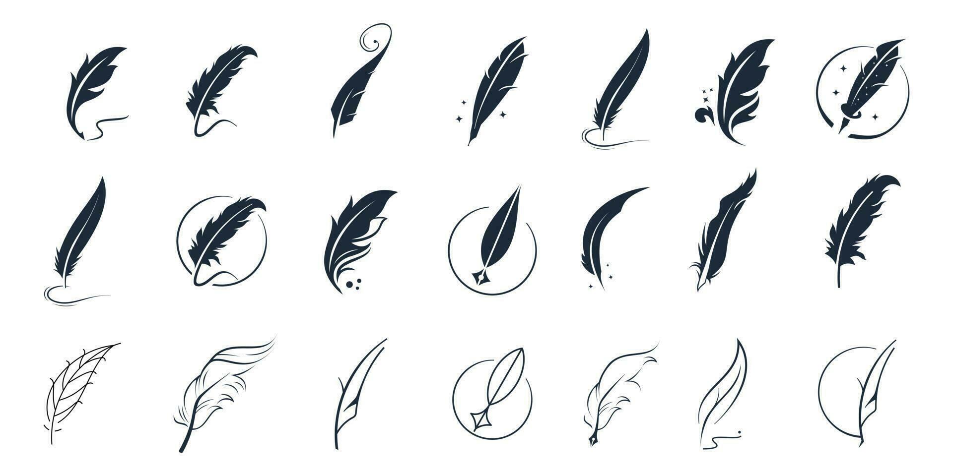 icon set vector feather ink inspiration. feather pen ink signature symbol. set of abstract signature feather pen logo design template on white background.
