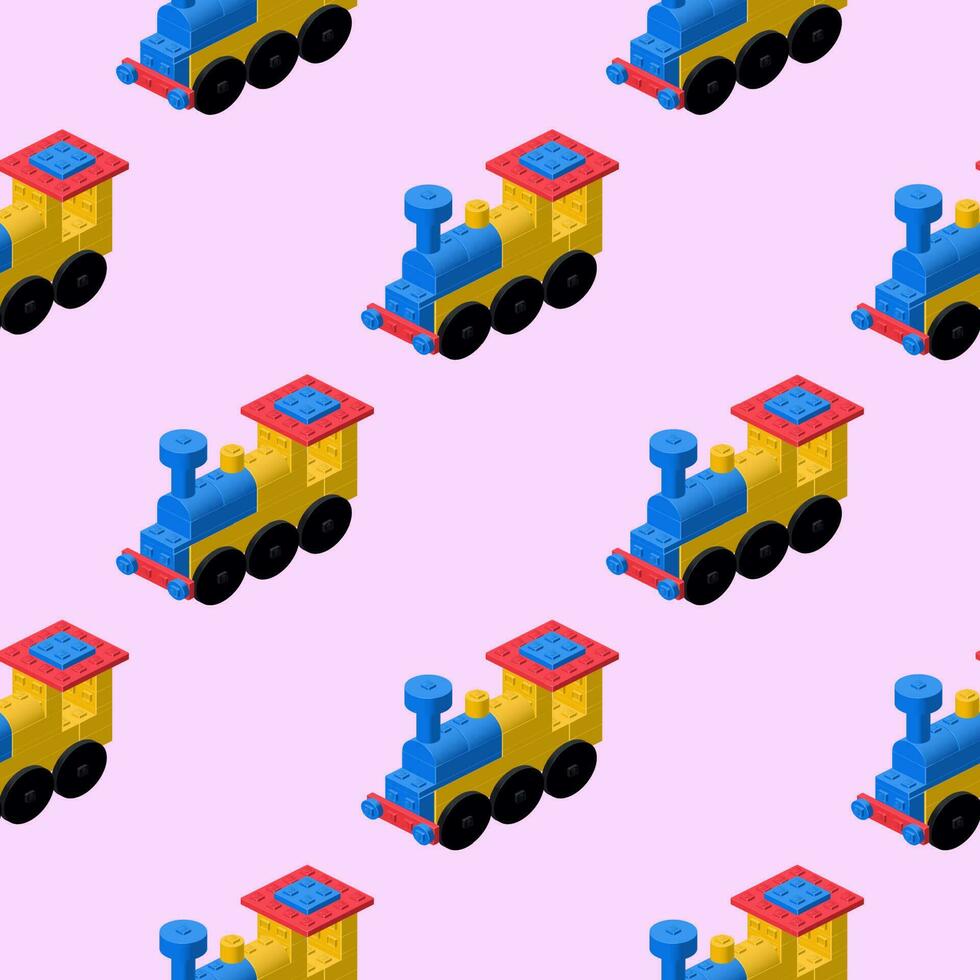 A pattern of locomotives assembled from plastic blocks in isometric style for print and decoration. Vector illustration.