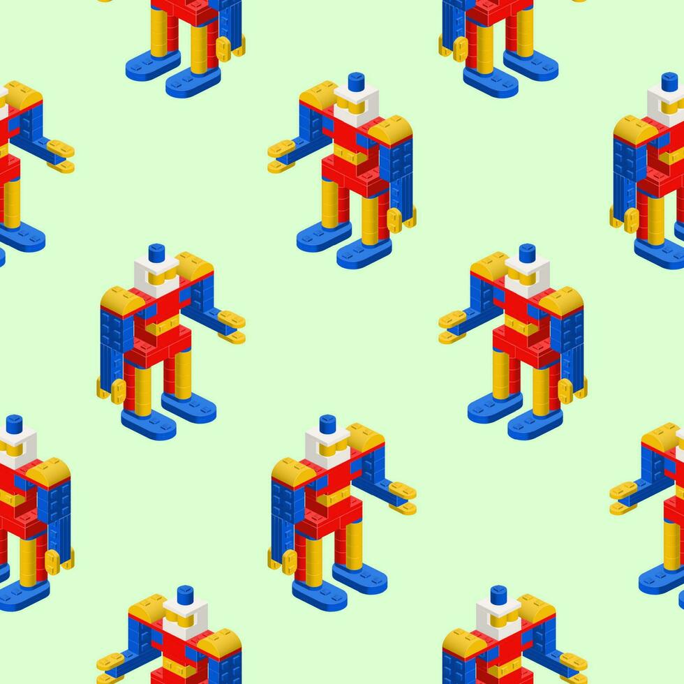 Bright pattern of robots assembled from plastic blocks in isometric style for printing and decoration. Vector illustration.