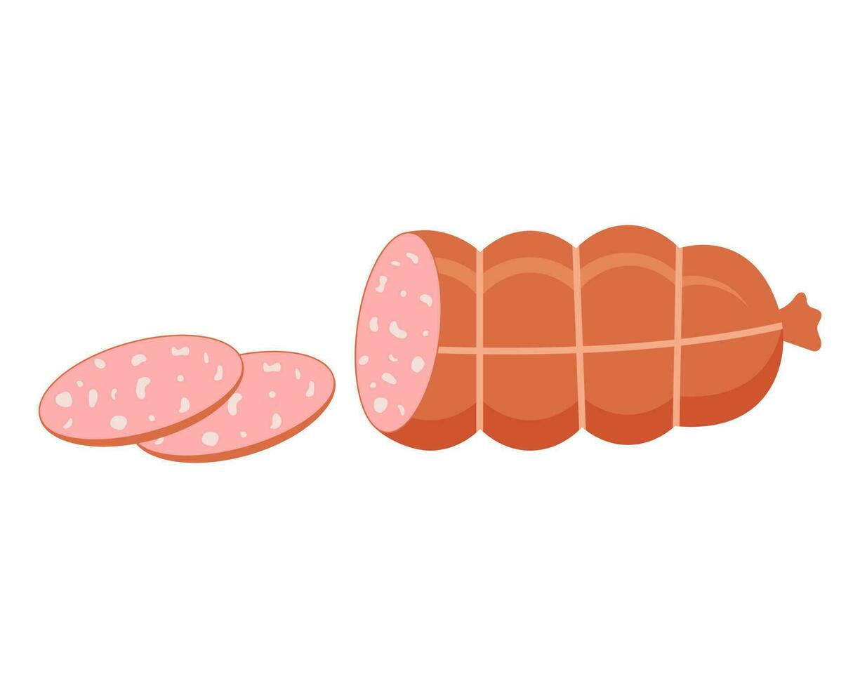 Boiled sausage cut into slices. Food. Vector illustration.