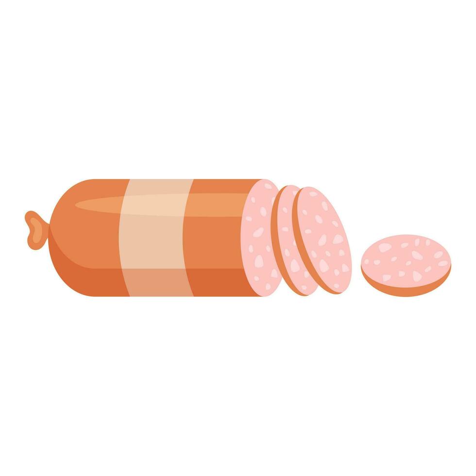 Boiled sausage cut into slices. Food, meat dish. Vector illustration.