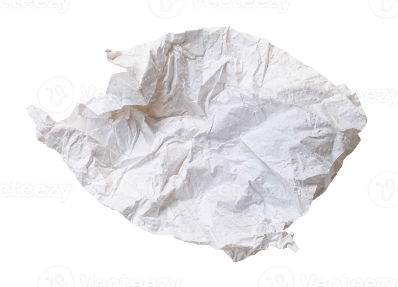 Single screwed or crumpled tissue paper or napkin in strange shape after use in toilet or restroom isolated with clipping path in png file format