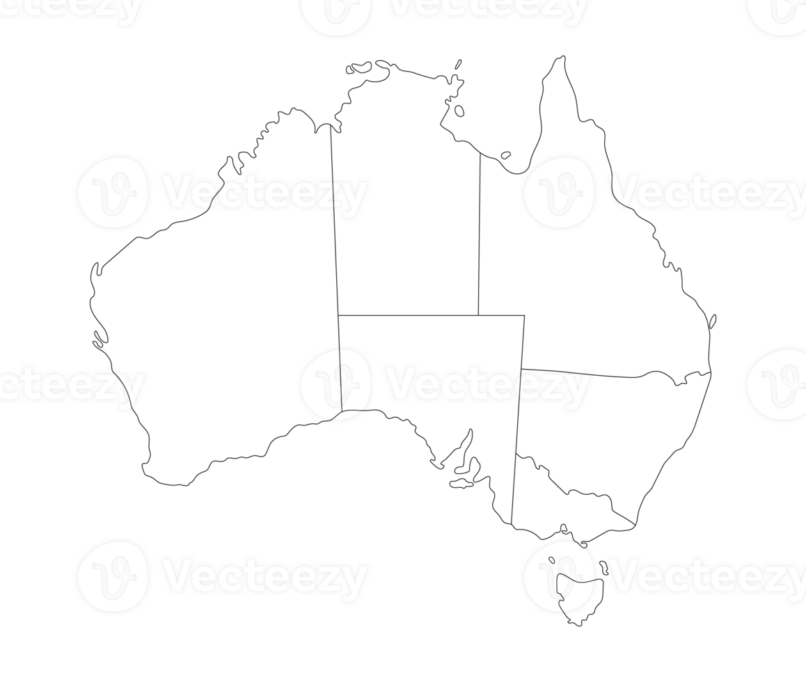 Australie carte avec contour blanc noir administratif région. png