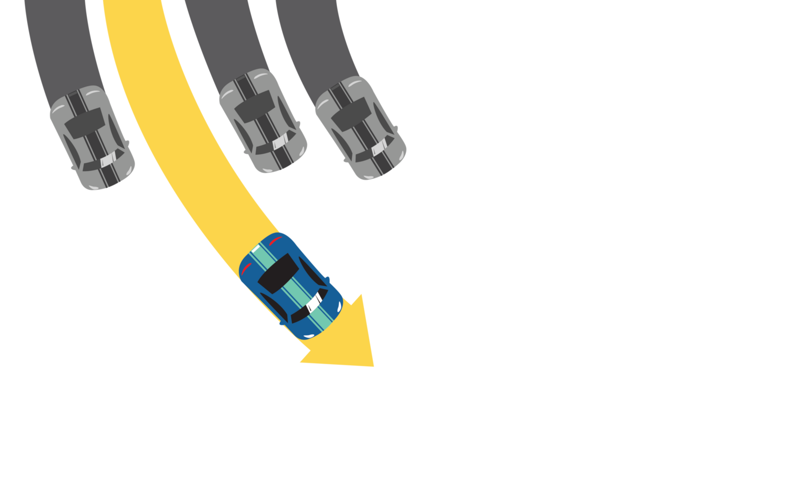 The car overtake on a curve. Top view. png
