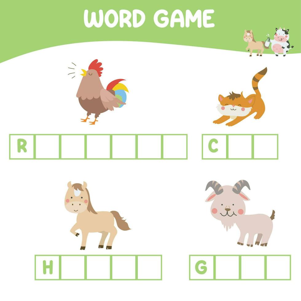 Word game worksheet. Complete animals name worksheet. Educational spelling printable game worksheet. Writing practice. Vector file.
