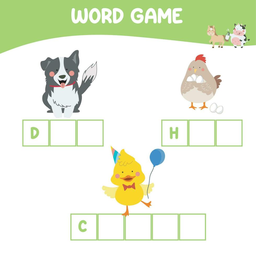 Word game worksheet. Complete animals name worksheet. Educational spelling printable game worksheet. Writing practice. Vector file.