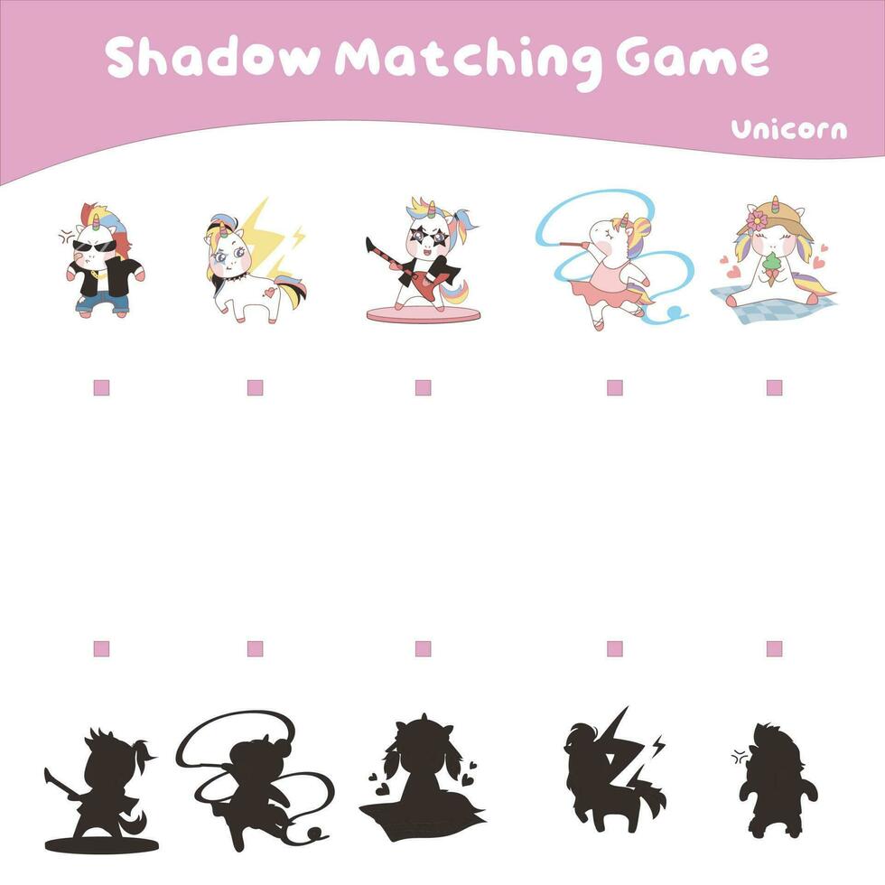 Matching shadow game for children. Matching image with shadow. Cute unicorn worksheet.  Vector illustrations.