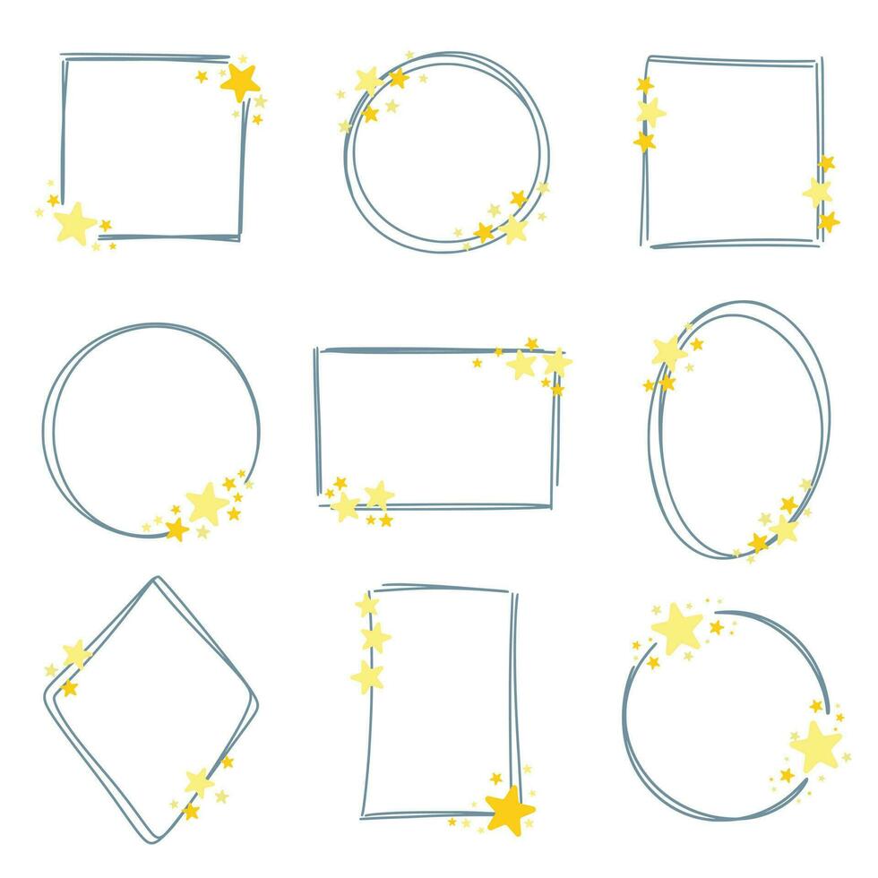 Hand drawn frames with golden stars set vector