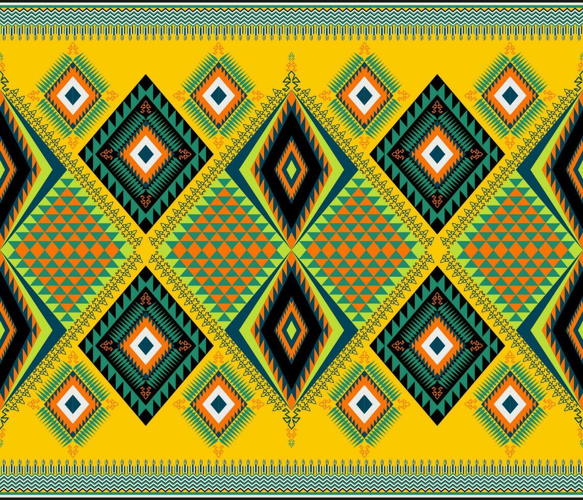 Ethnic folk geometric seamless pattern in yellow, green and orange in vector illustration design for fabric, mat, carpet, scarf, wrapping paper, tile and more