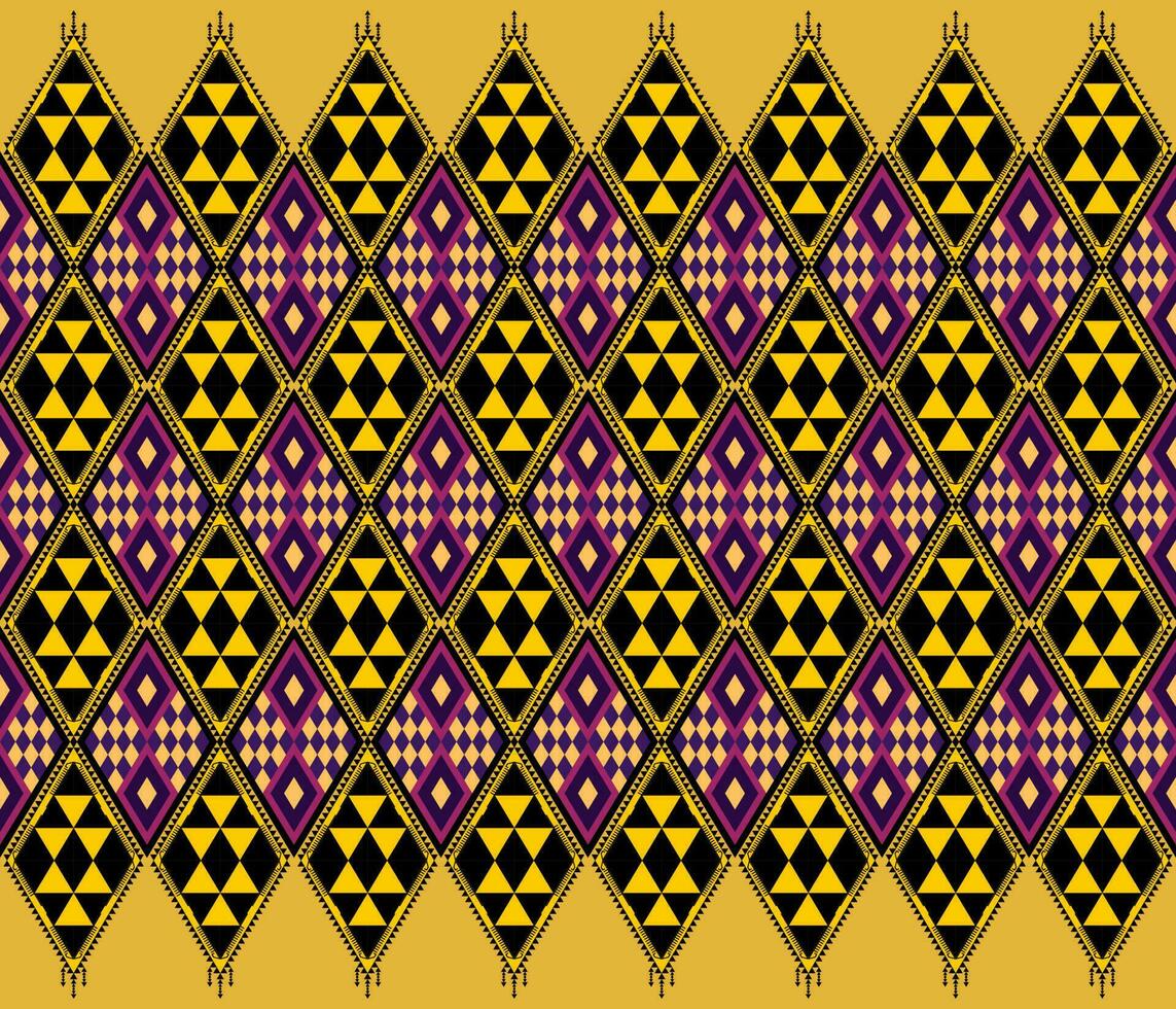Ethnic folk geometric seamless pattern in yellow and purple in vector illustration design for fabric, mat, carpet, scarf, wrapping paper, tile and more
