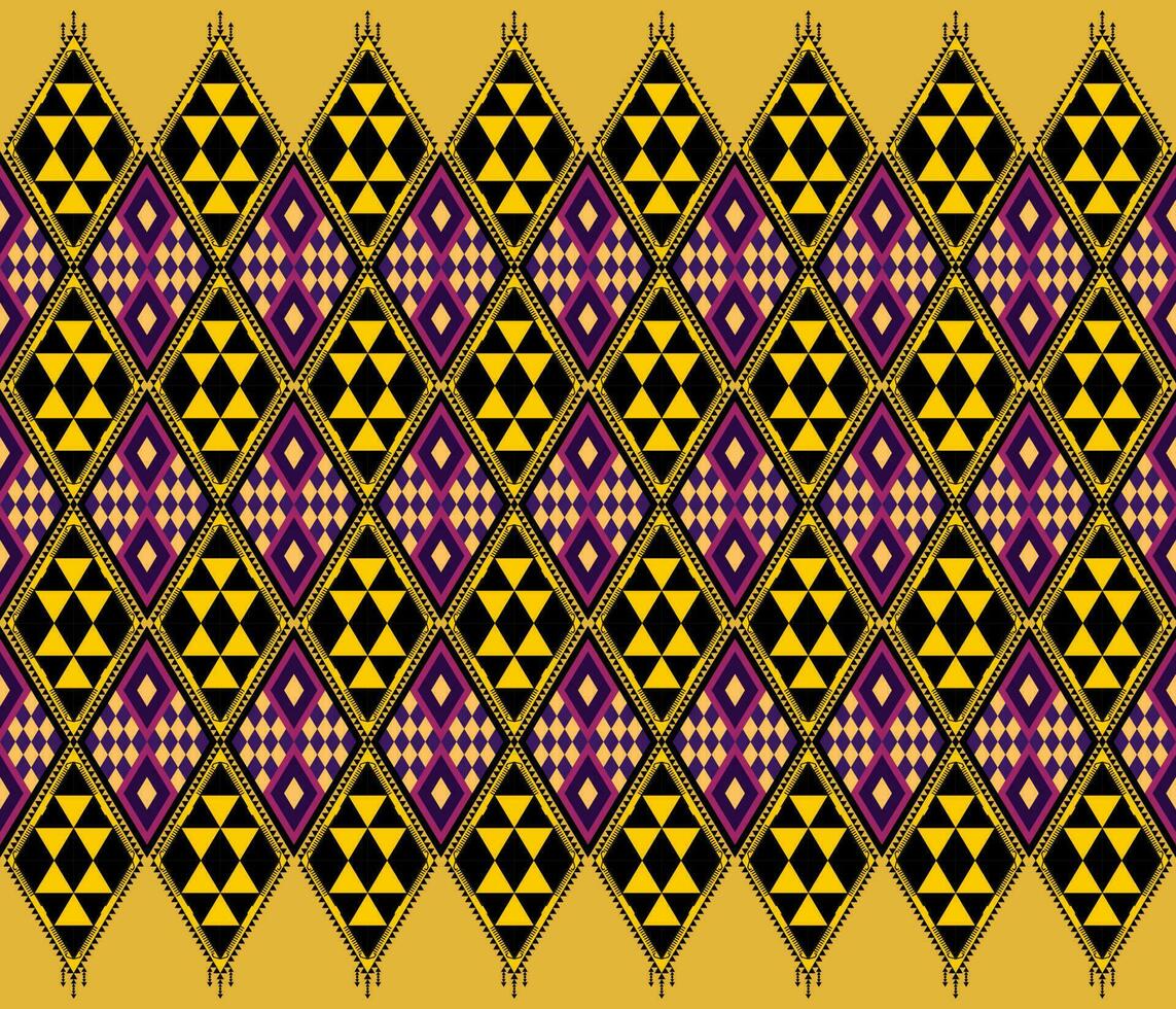 Ethnic folk geometric seamless pattern in yellow and purple in vector illustration design for fabric, mat, carpet, scarf, wrapping paper, tile and more