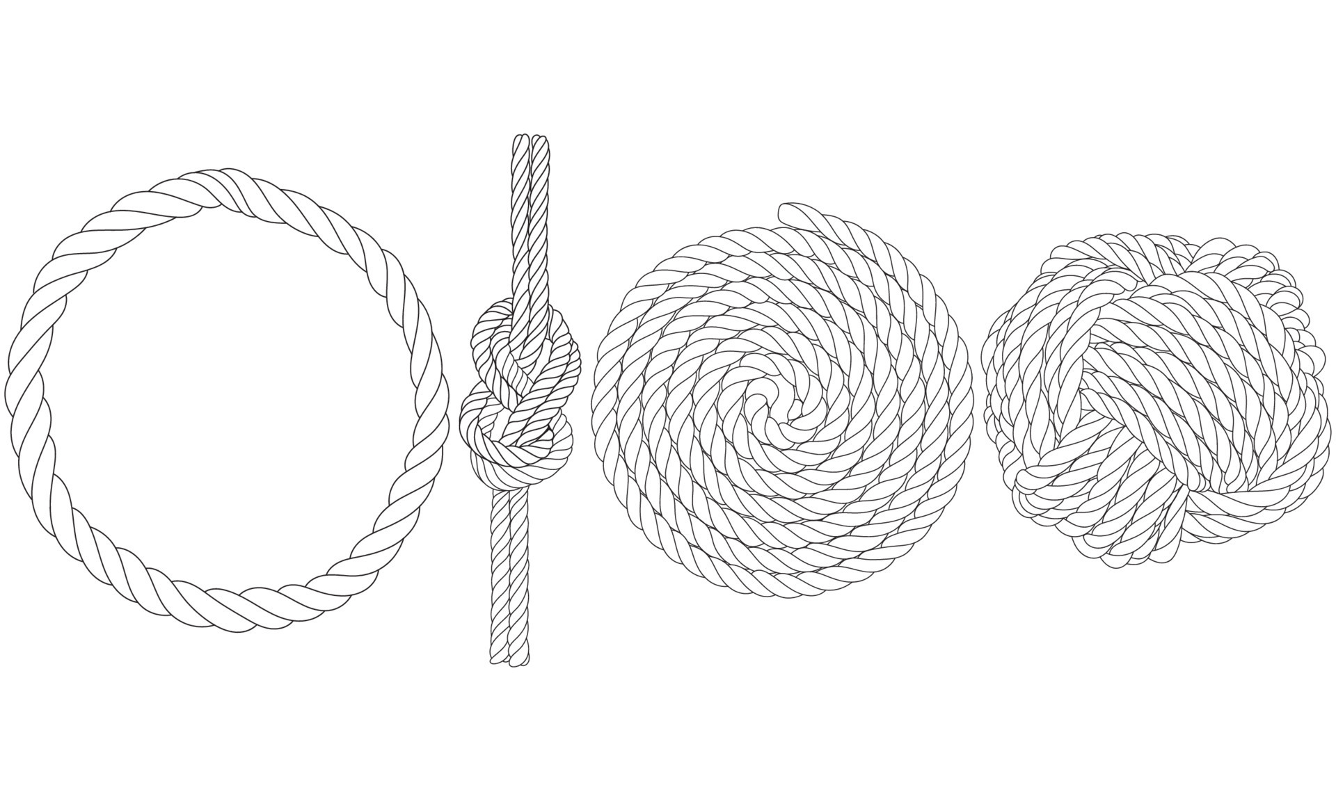 Set Of Rope Knots Borders Black Thin Line art Design Element. Vector
