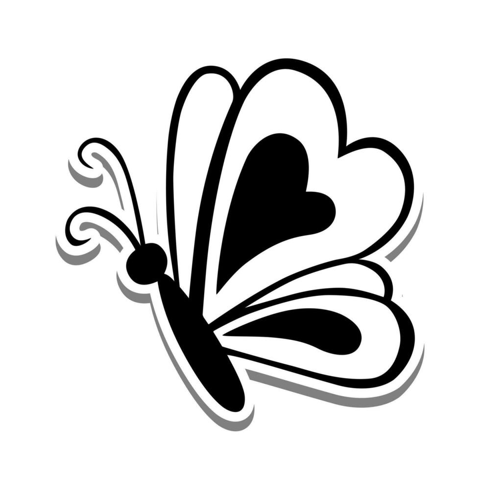 Side facing Butterfly Heart. Line art elements on white silhouette and gray shadow, hand-drawn graphics. Isolated on white background, Vector illustration.