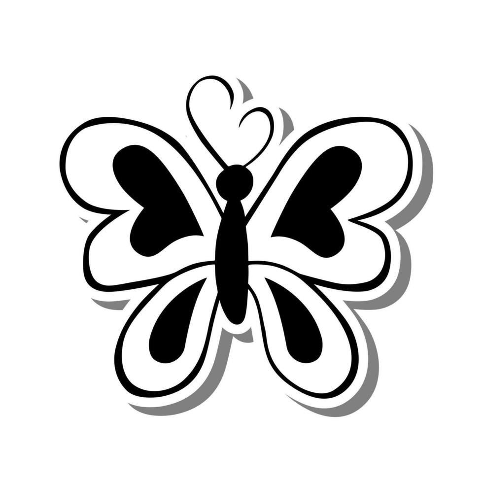 Hearts Butterfly spread wings. Line art elements on white silhouette and gray shadow, hand-drawn graphics. Isolated on white background, Vector illustration.