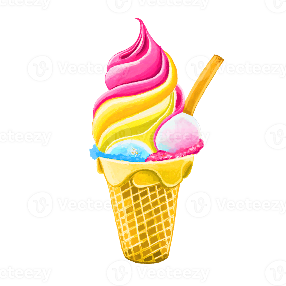 Watercolor and drawing for fresh sweet colorful strawberry, mango and vanilla ice cream. Digital painting of homemade bakery, dessert and food illustration. png