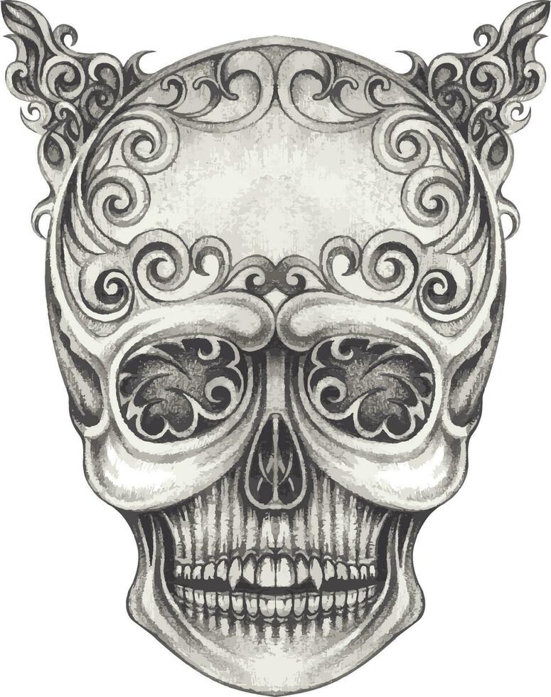 Art vintage mix fancy devil skull. Hand drawing and make graphic vector. vector