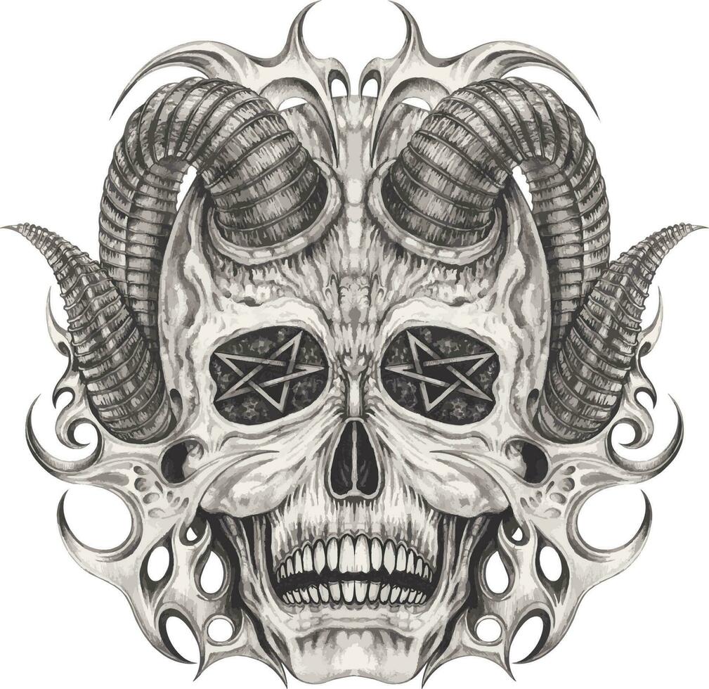 Surreal devil skull tattoo. Hand drawing and make graphic vector. vector