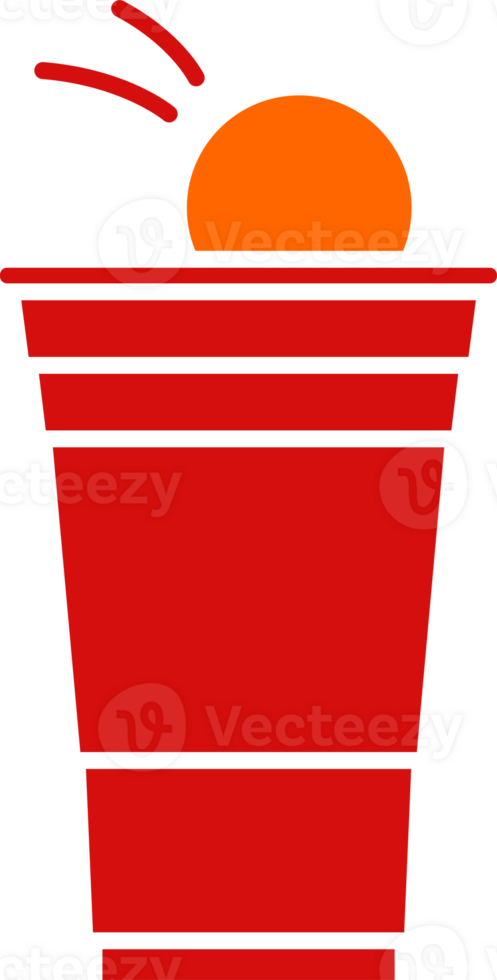 Red beer pong illustration. Plastic cup and ball with splashing beer. Traditional party drinking game. png