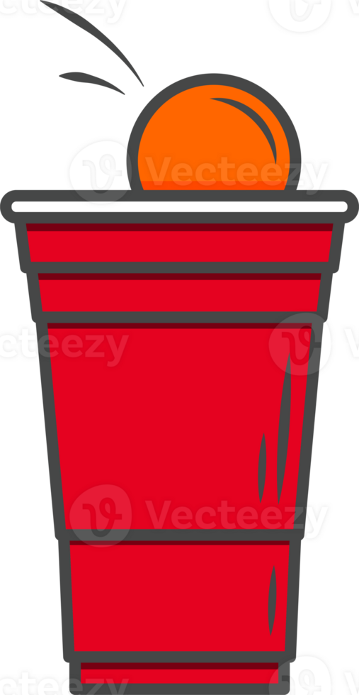 Red beer pong illustration. Plastic cup and ball with splashing beer. Traditional party drinking game png