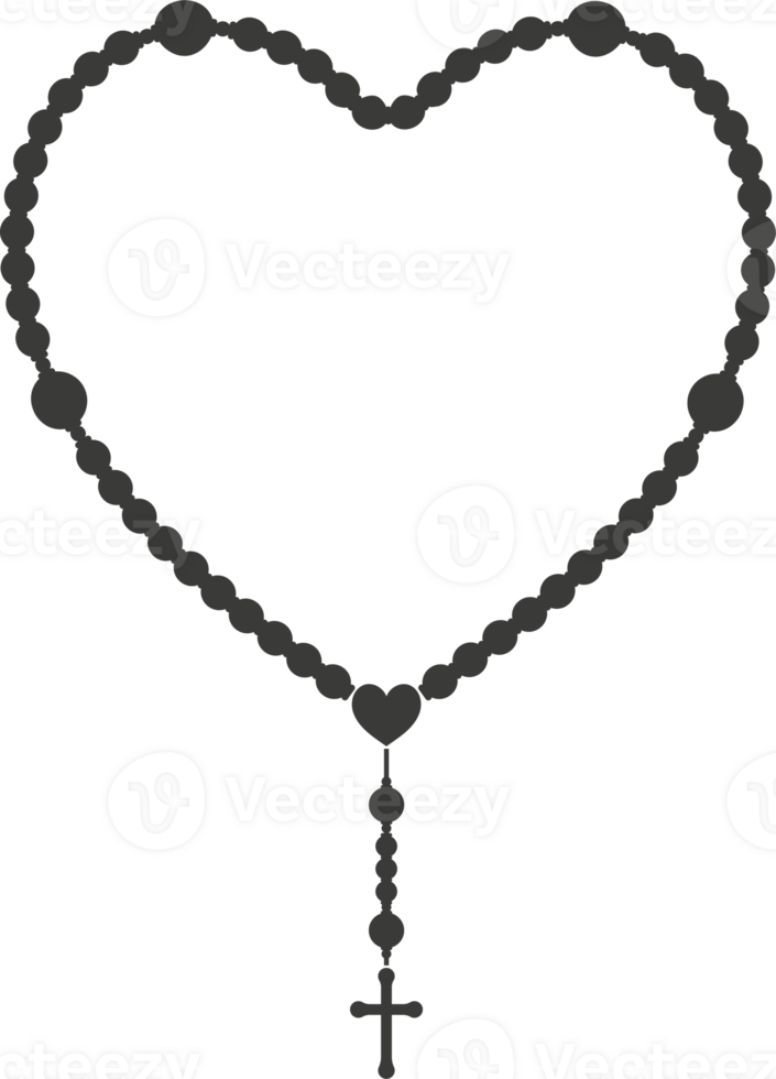 Rosary beads Heart silhouette. Prayer jewelry for meditation. Catholic chaplet with a cross. Religion symbol png