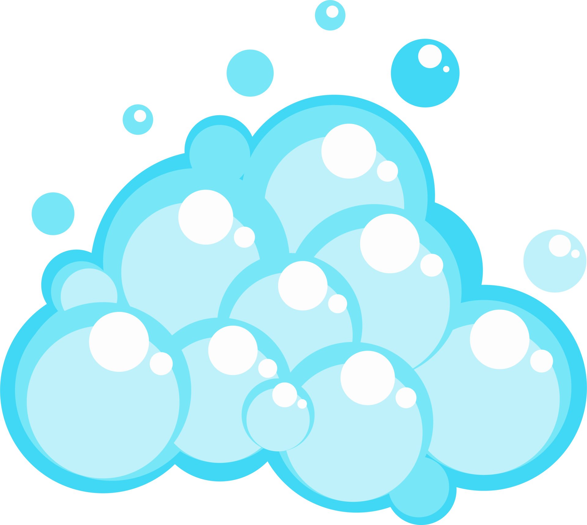 Soap foam set with bubbles. Carton light blue suds of bath water