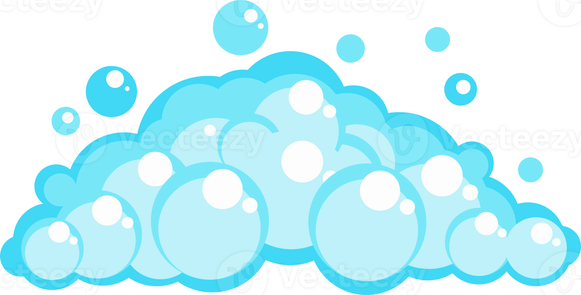 Soap foam set with bubbles. Carton light blue suds of bath water