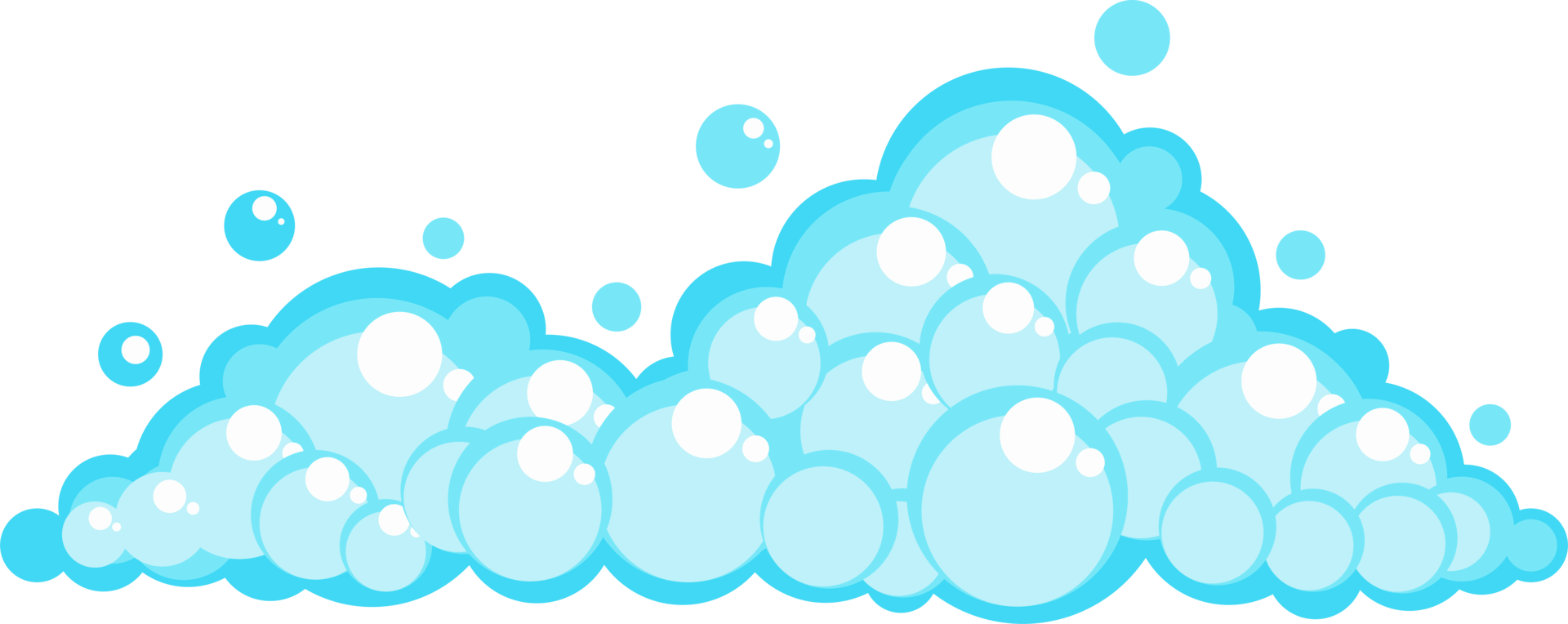 Soap foam set with bubbles. Carton light blue suds of bath water