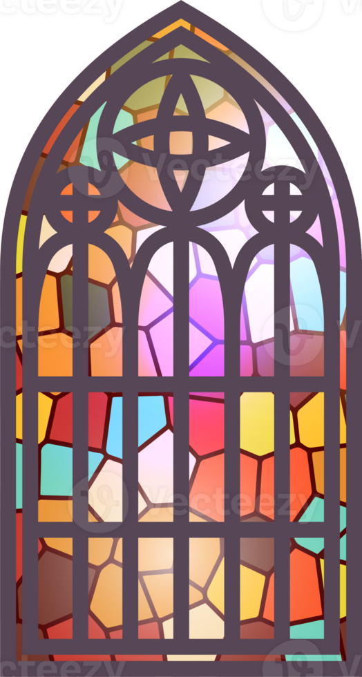 Gothic stained glass window. Church medieval arch. Catholic cathedral mosaic frame. Old architecture design png