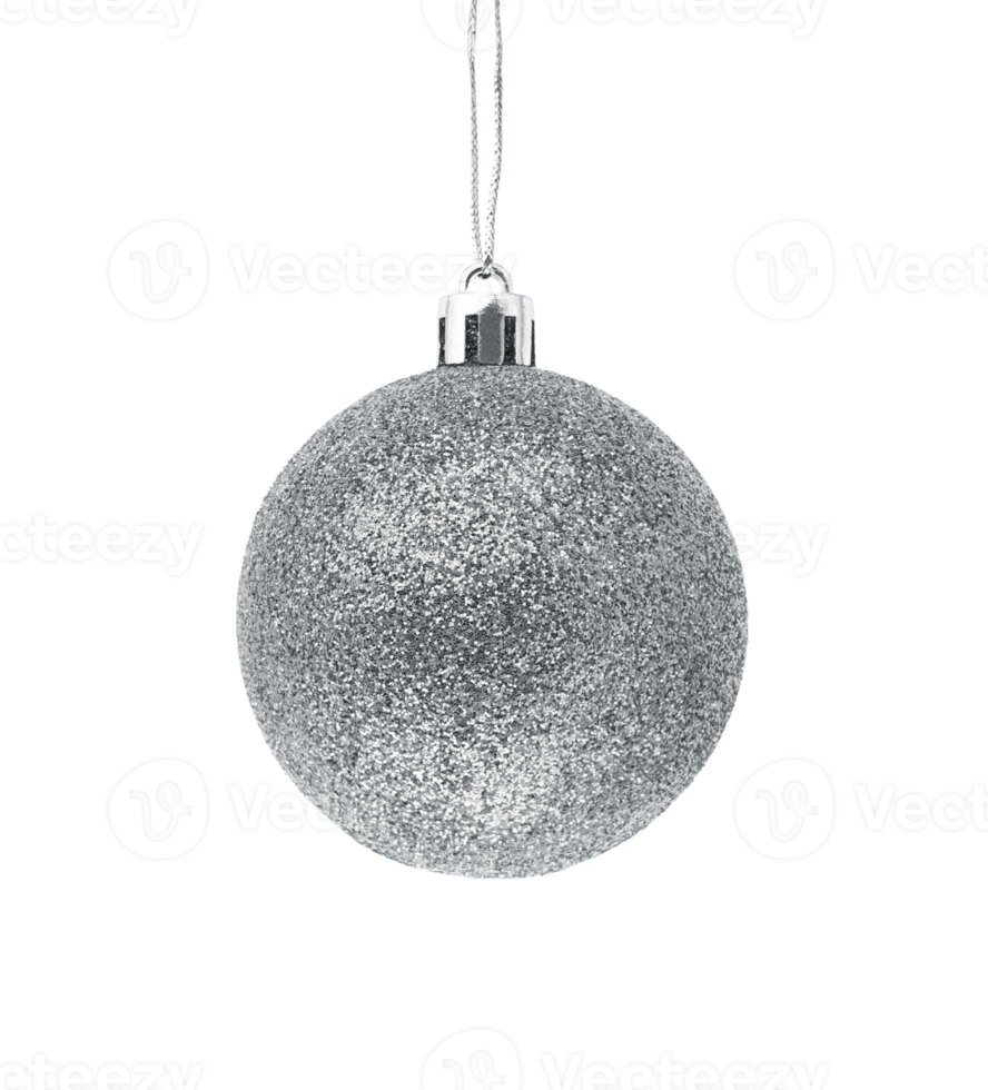 Hanging silver glitter Christmas bauble isolated on transparent background. Stock photo png