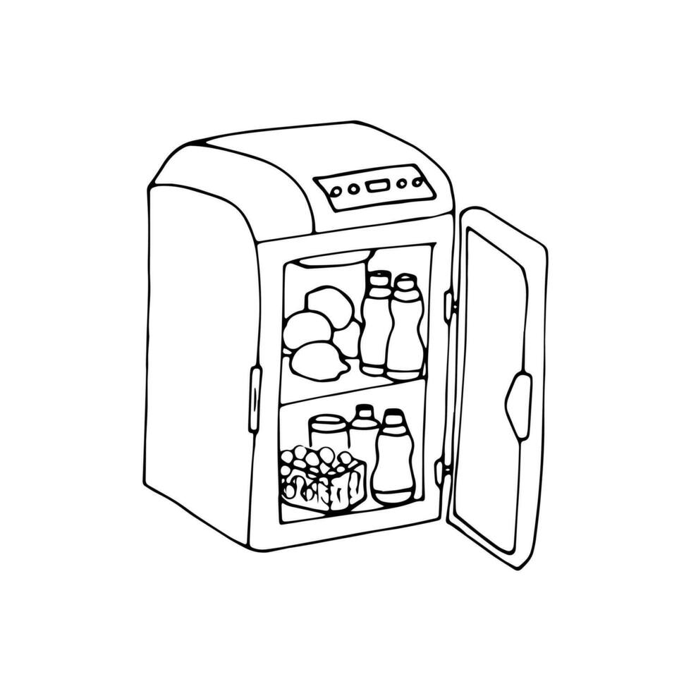 hand-drawn small refrigerator for car, fruits, and juice in opened refrigerator, vector illustration, isolated on white background